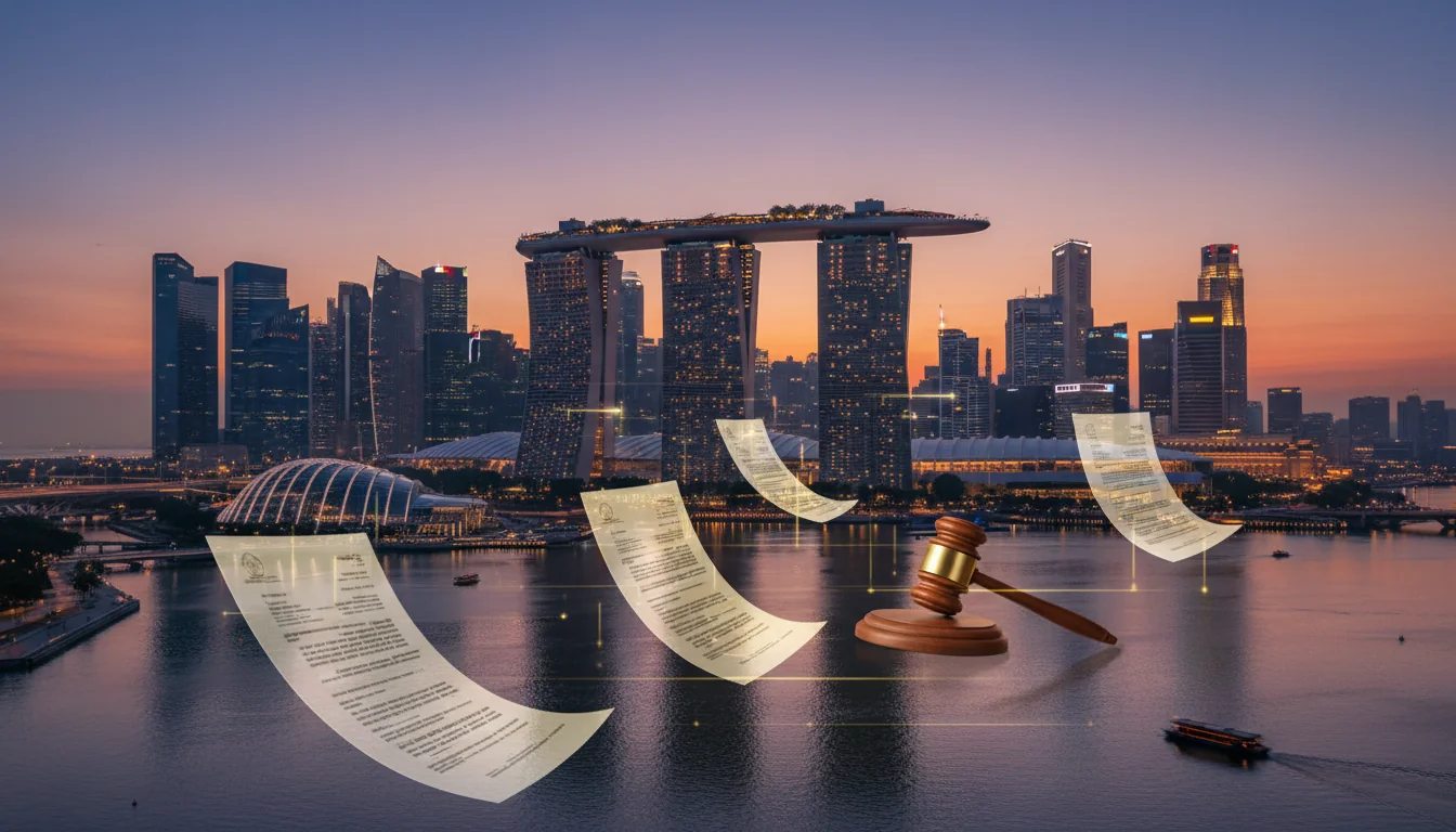 Singapore skyline with legal icons