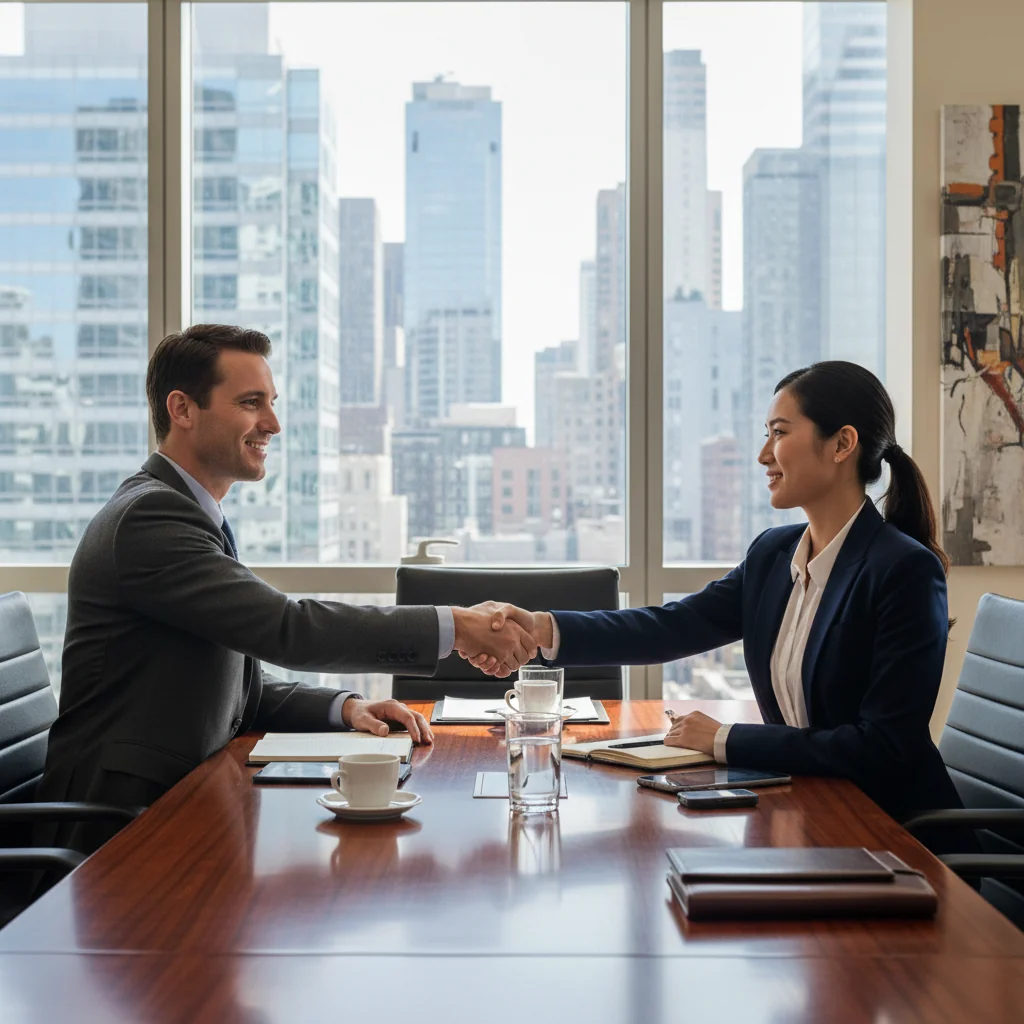 A photorealistic image depicting a professional business meeting in a modern office, where two adults are shaking hands across a conference table, symbolizing agreement and intent in a legal context, with city skyline visible through large windows in the background, conveying trust and partnership without showing any documents.