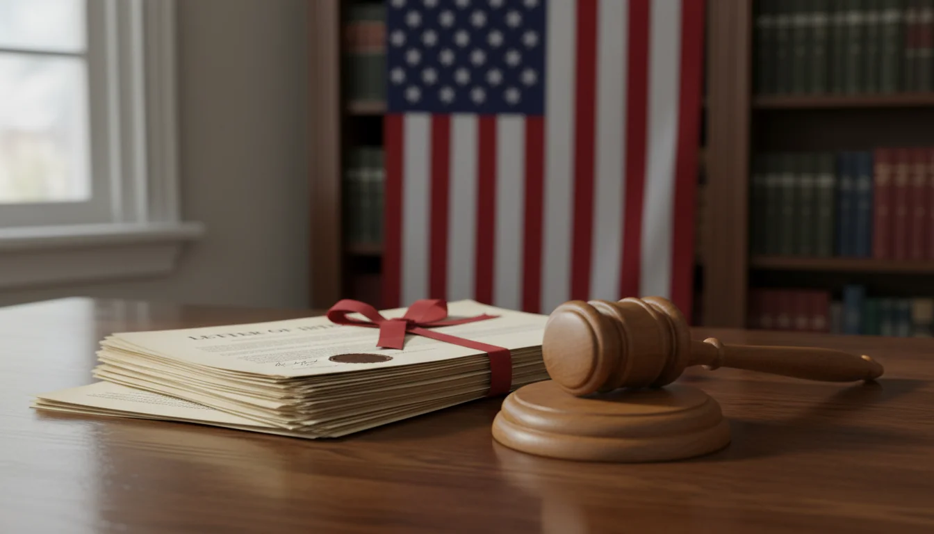 Gavel and legal papers on desk