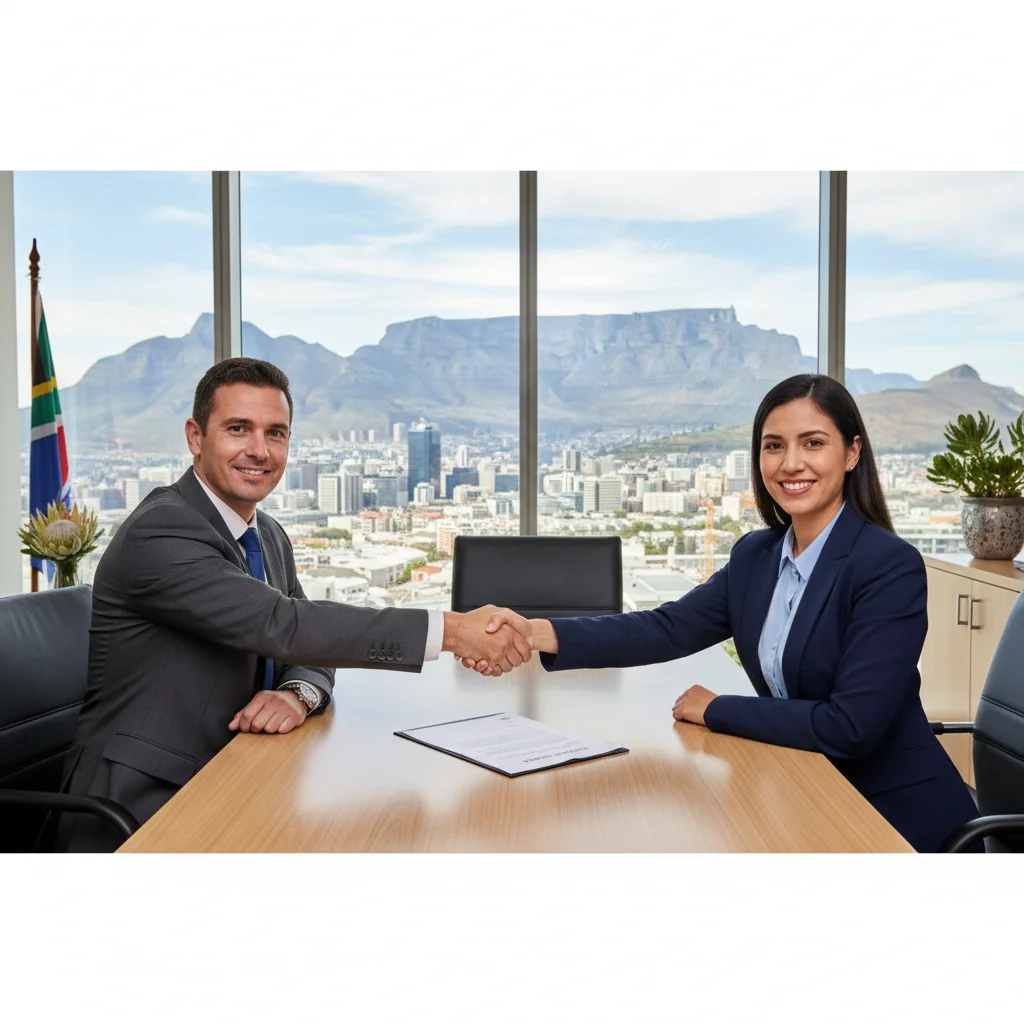 A professional business meeting in a modern South African office, with diverse adults shaking hands over a table, symbolizing agreement and intent in business dealings, photorealistic style.