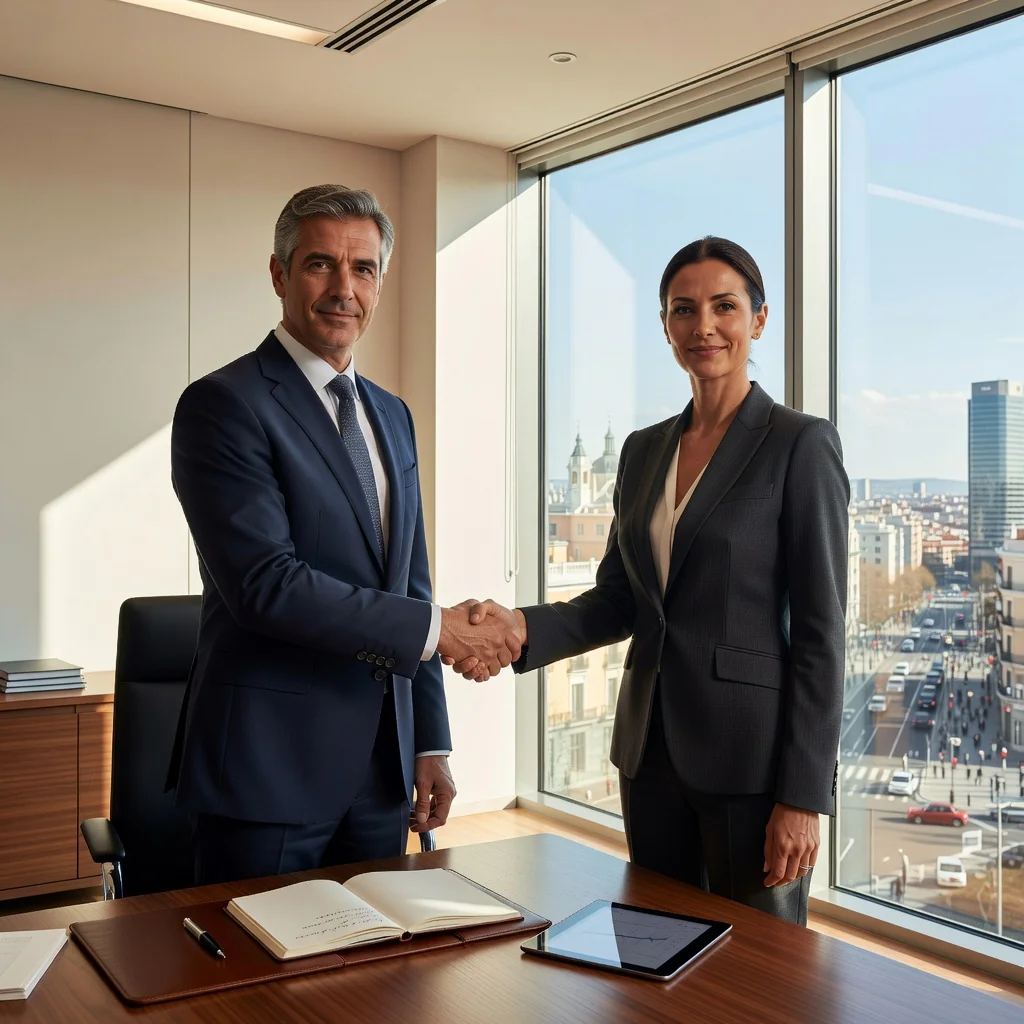 A photorealistic image representing the purpose of a 'Carta de intenciones' in Spain, showing two adult professionals in a modern Spanish office shaking hands over a business deal, symbolizing intent and agreement in a commercial or real estate context, with subtle Spanish elements like a flag or architecture in the background, conveying trust and partnership.