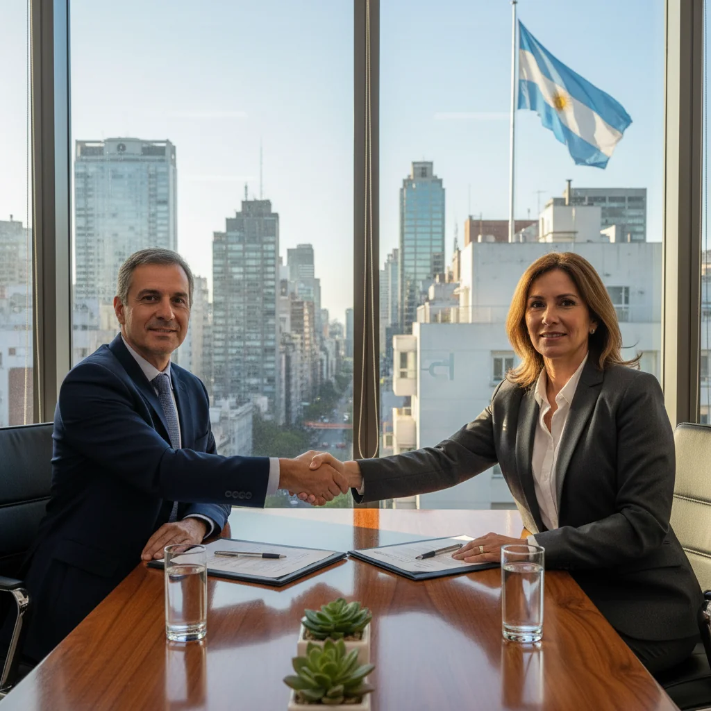 A photorealistic image of two professional adults in a modern Buenos Aires office, shaking hands over a conference table with a view of the Argentine flag and city skyline in the background, symbolizing a business agreement or intent declaration, no children present.