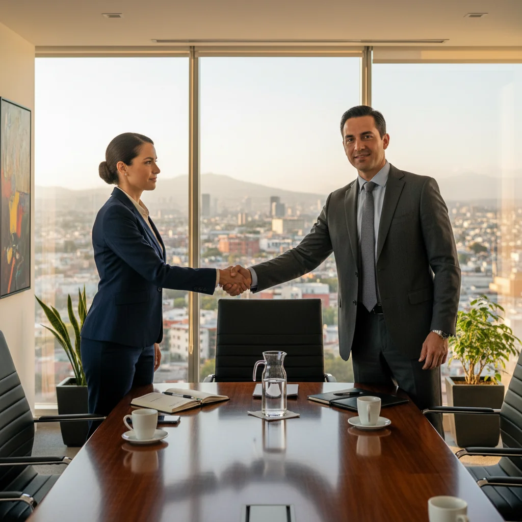 A photorealistic image of a professional business meeting in a modern Mexican office, where two adults in business attire are shaking hands across a conference table, symbolizing agreement and intent in a legal context, with subtle Mexican cultural elements like a flag or cityscape in the background. No children are present.