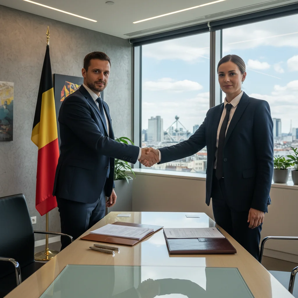A professional adult in a business suit shaking hands with another professional in a modern Belgian office, symbolizing the intent and agreement in a Lettre d'intention for legal purposes, with subtle Belgian flags or architecture in the background.