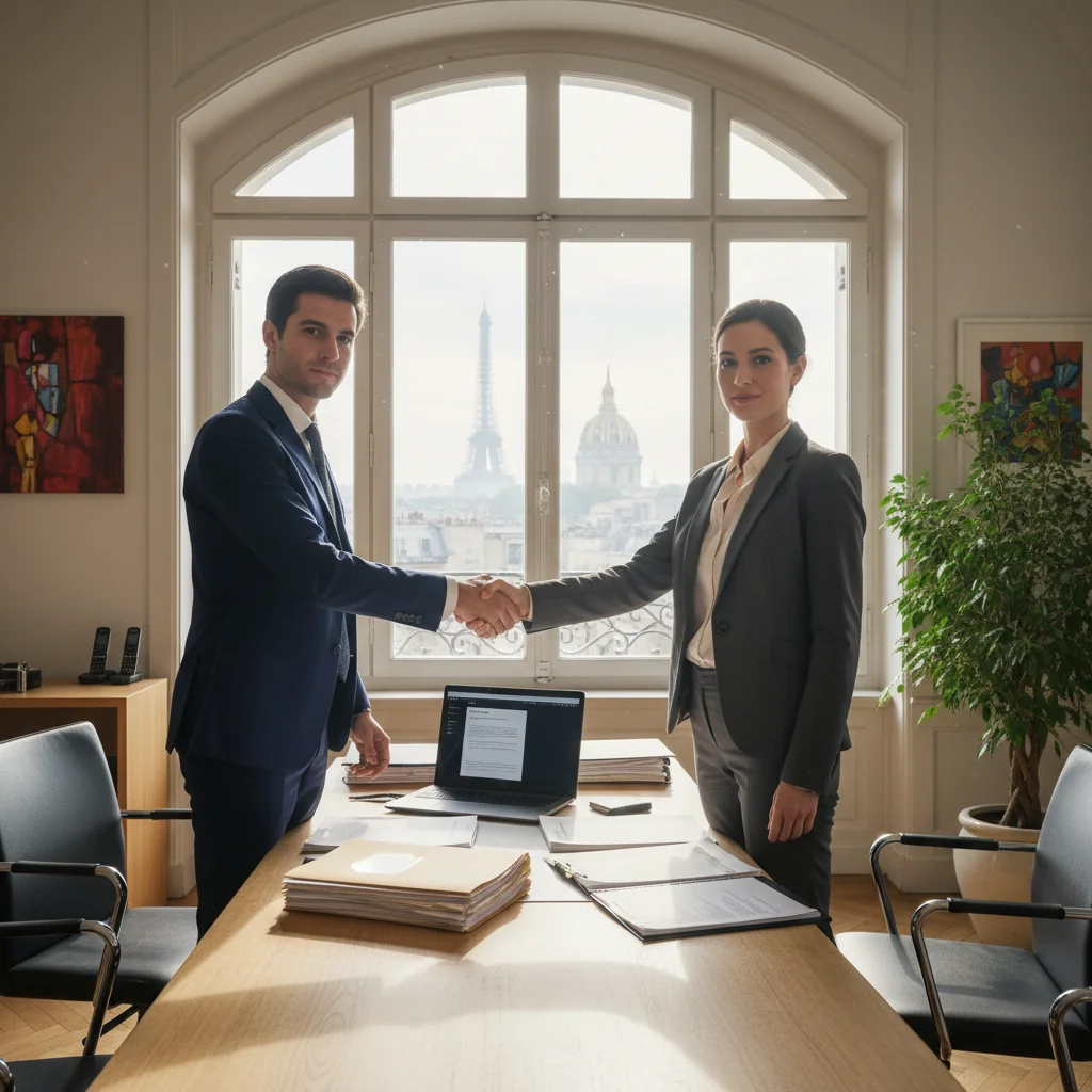 A professional scene in a French business setting representing the intent behind a Lettre d'intention legal document, such as a formal meeting between two adults in a modern office with French cultural elements like a view of the Eiffel Tower in the background, symbolizing professional agreements and intentions without showing any documents.