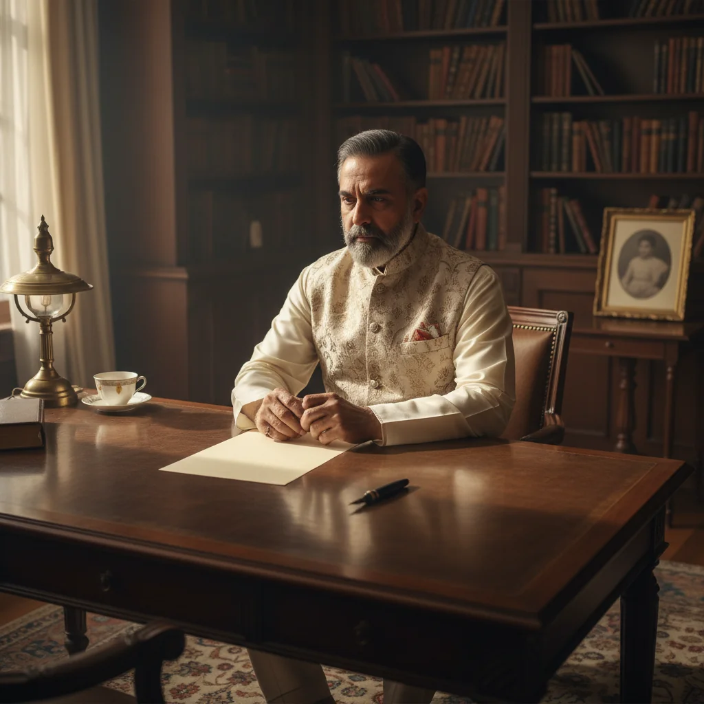A photorealistic image of a thoughtful adult Indian man in his 40s, sitting at a wooden desk in a home office, holding a pen over a blank sheet of paper, with a subtle expression of determination and planning, symbolizing the intent and purpose behind creating a will. The background includes soft natural light from a window overlooking a serene garden, evoking legacy and future planning. No children are present in the image.