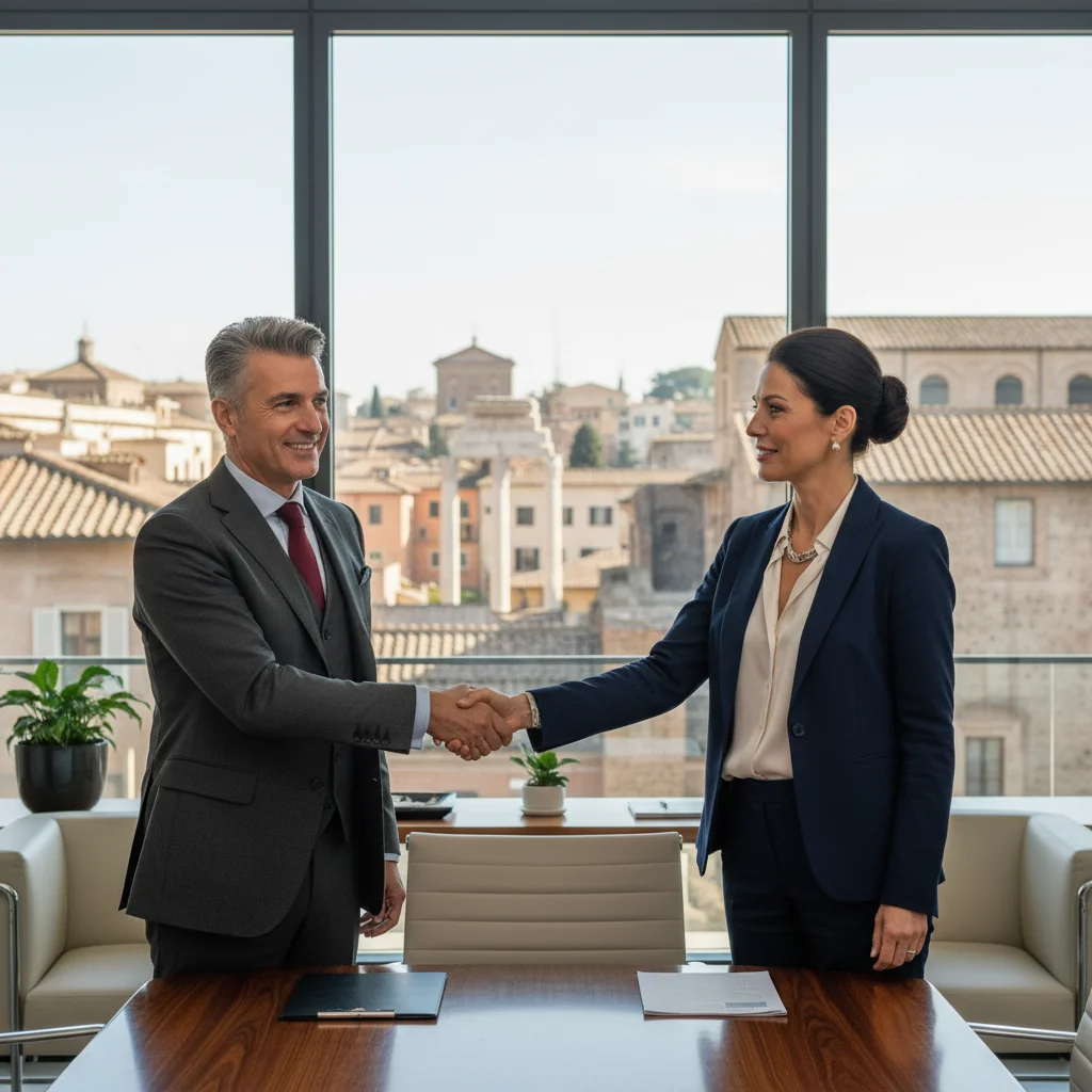 A photorealistic image symbolizing the intent and agreement in Italian legal contexts, featuring two professional adults in business attire shaking hands firmly across a polished wooden table in a modern Italian office with subtle Roman architecture elements in the background, conveying trust and commitment without showing any documents.