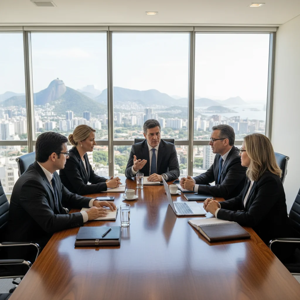 A professional business meeting in a modern Brazilian office, with diverse adults discussing agreements around a conference table, symbolizing intent and partnership in legal contexts, photorealistic style.