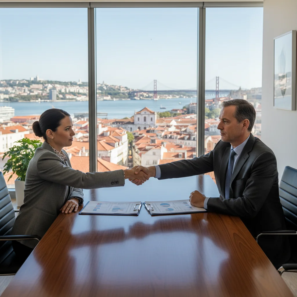 A photorealistic image of two professionals in a modern Portuguese office, shaking hands over a conference table with a scenic view of Lisbon in the background, symbolizing agreement and intent in business dealings, no children present.