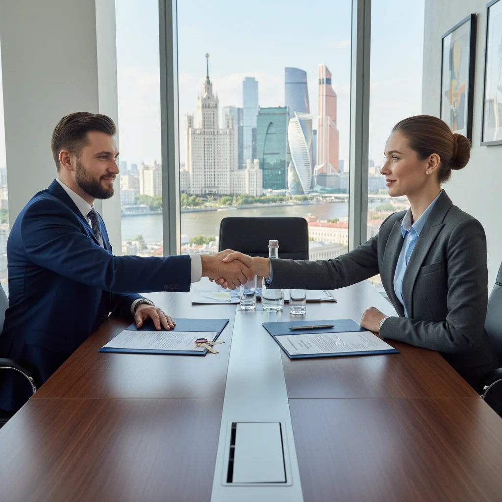 A professional business meeting in a modern Russian office, with adults shaking hands over a table, symbolizing intent and agreement in legal matters, photorealistic style.