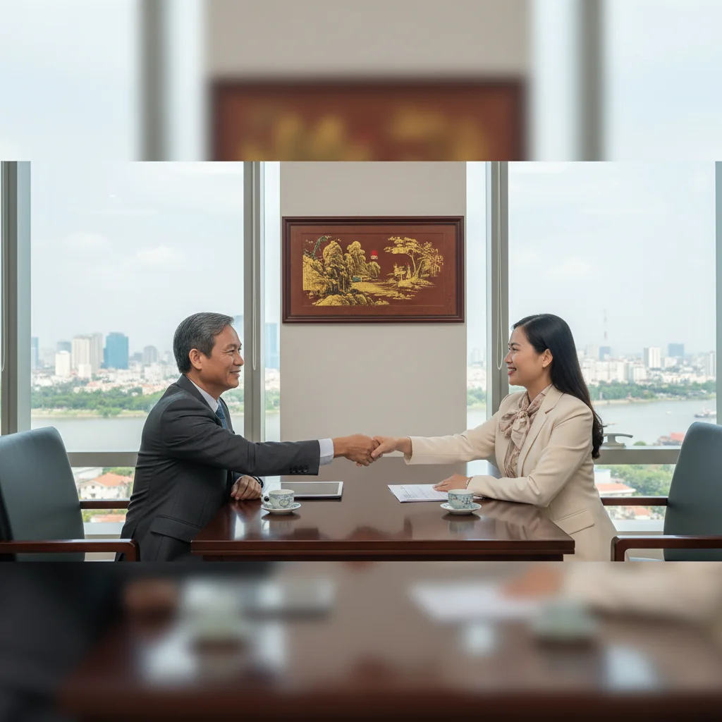 A photorealistic image of a professional Vietnamese adult couple in a modern office setting, exchanging warm smiles and handshakes across a desk, symbolizing the formal expression of intent in a legal agreement, with subtle Vietnamese cultural elements like traditional decor in the background, conveying trust and partnership without showing any documents.