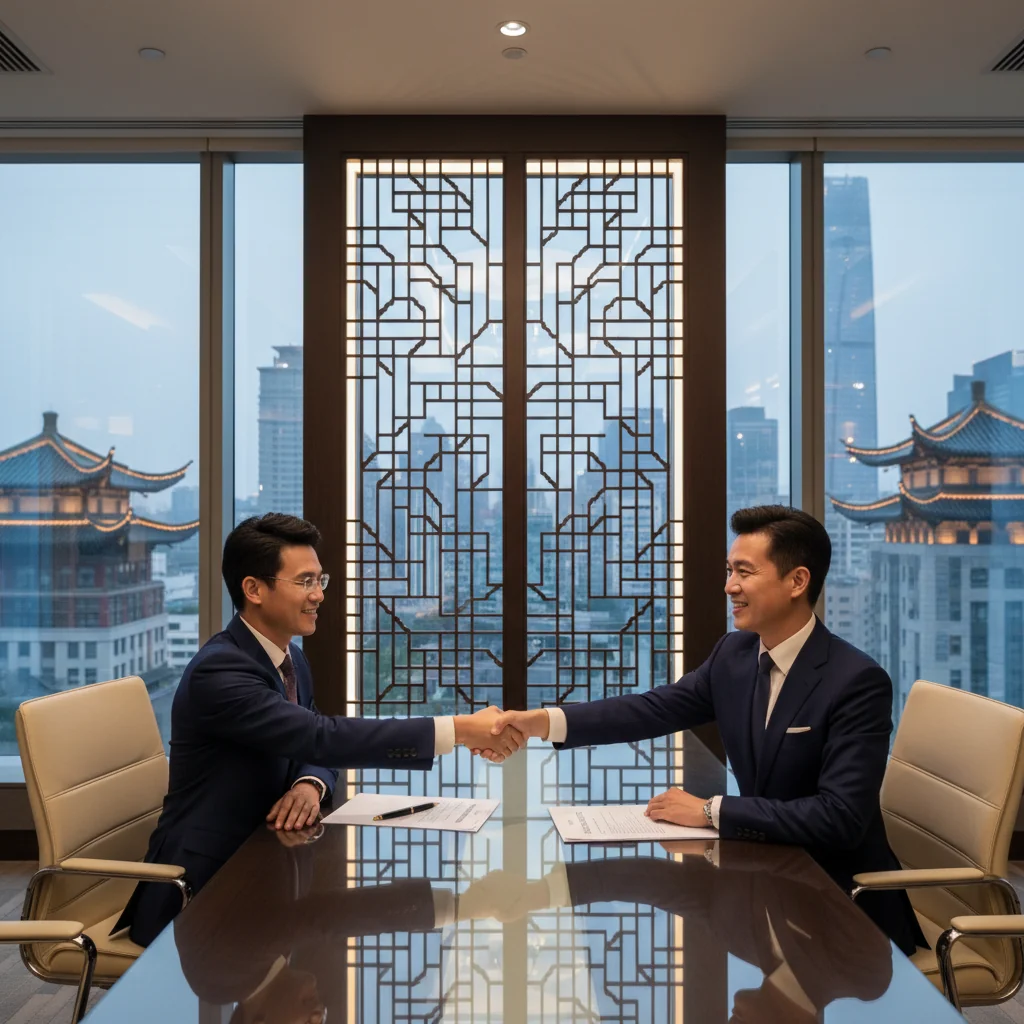A professional business meeting in a modern Chinese office, where adults are shaking hands over a table, symbolizing agreement and intent in business dealings, with elements of Chinese culture like traditional decor in the background.