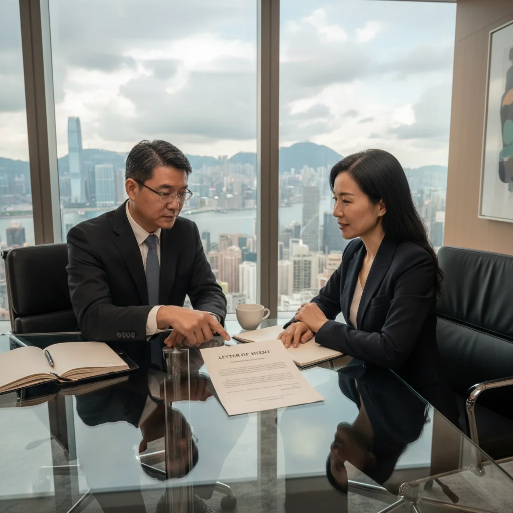 A photorealistic image of a professional business meeting in a modern Hong Kong office, with adults in suits discussing a letter of intent over a conference table, symbolizing agreement and intent in business deals, no children present.