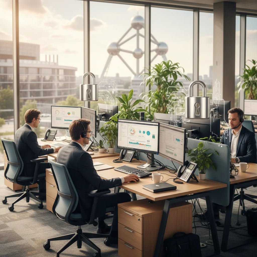 A photorealistic image representing data protection in Belgium, featuring a diverse group of adults in a modern office setting in Brussels, with the Belgian flag subtly in the background, symbolizing secure digital privacy and compliance with regulations, no children present.