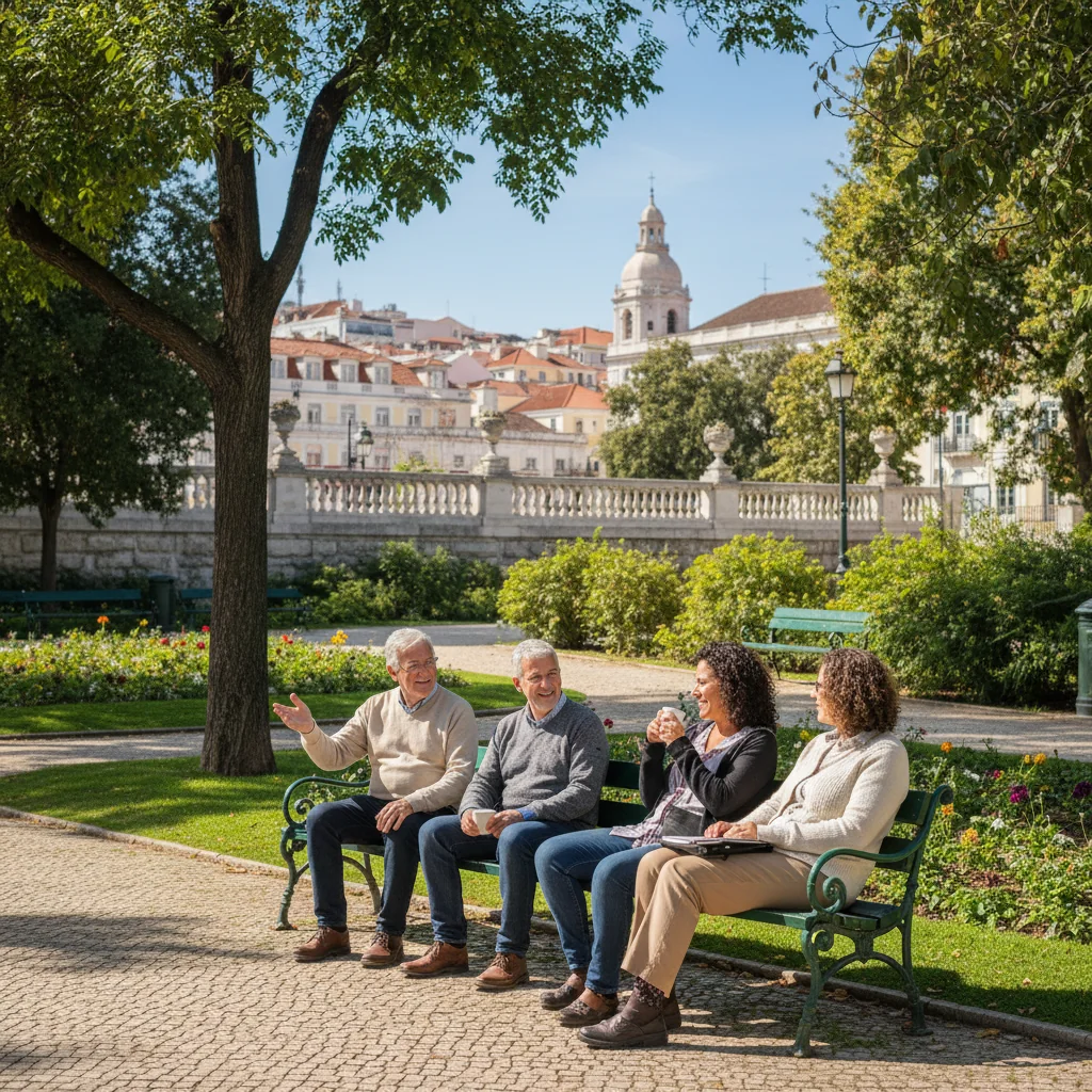 A photorealistic image representing protection and safeguarding policies in Portugal, showing a diverse group of adults in a community setting, such as a safe public park or neighborhood gathering, symbolizing security, support, and communal care without any focus on legal documents. No children are present in the image.