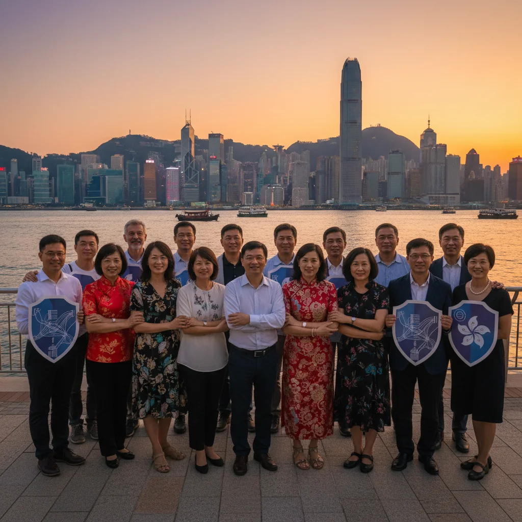 A photorealistic image of a diverse group of middle-aged Hong Kong adults, looking relieved and optimistic, standing in front of the iconic Victoria Harbour skyline at dusk, symbolizing security and protection in life, with subtle elements like a safety net or shield overlay in the background to represent policy safeguards, no children present, highly detailed and realistic photography style.