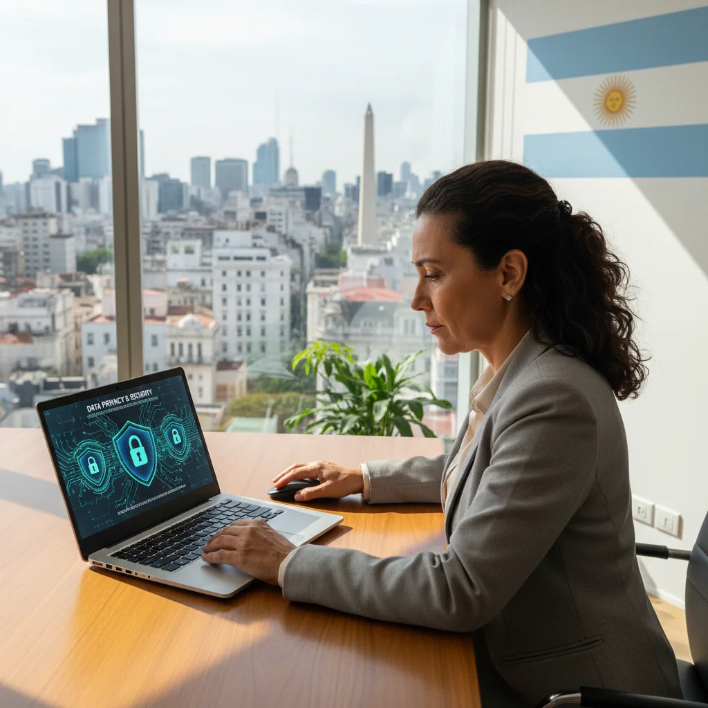 A photorealistic image depicting an adult professional in a modern office setting, confidently reviewing a digital document on a laptop, symbolizing data protection and user rights in Argentina, with subtle Argentine flag elements in the background, no children present.