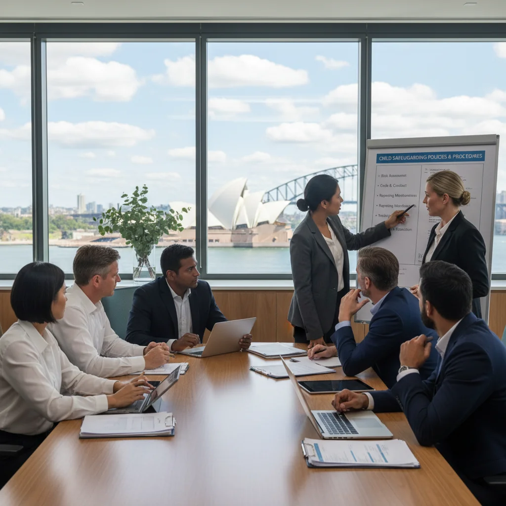 A photorealistic image depicting a diverse group of professionals in a modern Australian office setting, engaged in a training session on child safety policies. They are adults discussing and reviewing guidelines on a whiteboard, with Australian elements like a flag or map in the background, symbolizing organizational commitment to safety without showing any children.