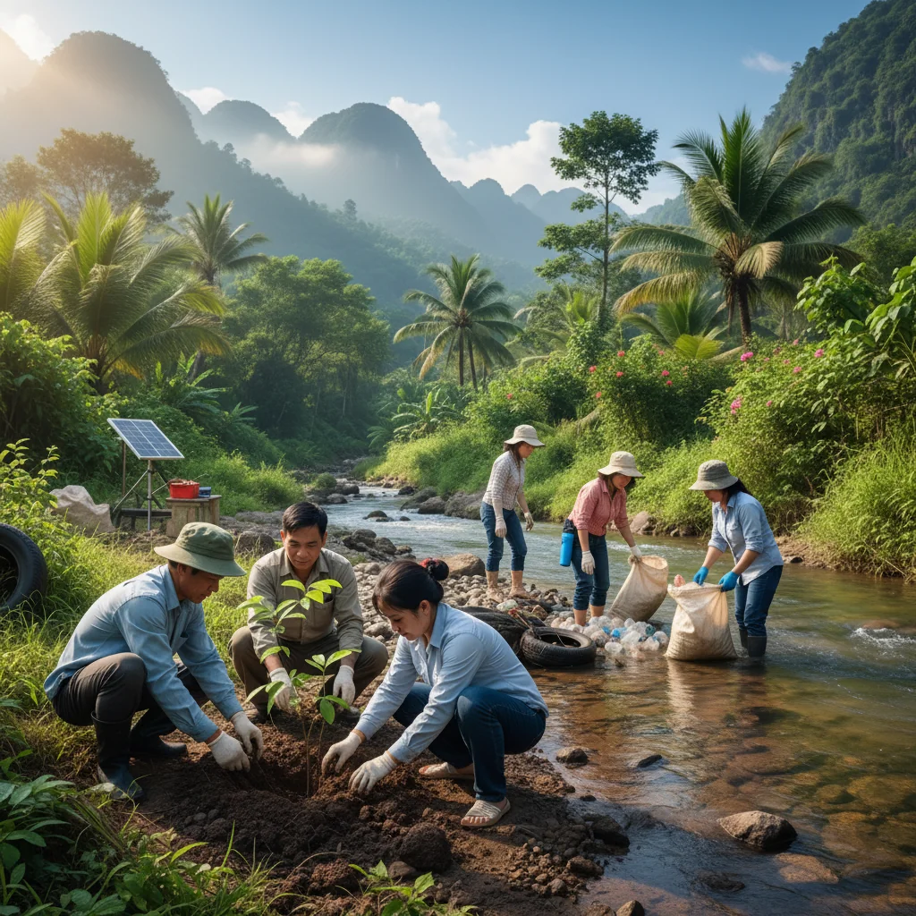 A photorealistic image depicting environmental protection efforts in Vietnam, showing diverse adults planting trees in a lush green forest, with clear blue skies and sustainable practices like recycling bins in the background, symbolizing adherence to Vietnamese environmental laws.