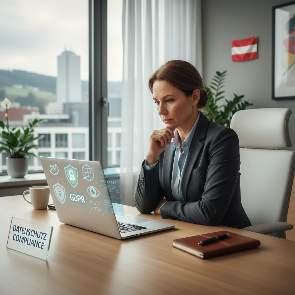 A photorealistic image of a concerned adult professional in a modern office setting, carefully reviewing digital privacy settings on a computer screen, symbolizing data protection awareness in Austria, with subtle Austrian flag elements in the background. No children are present.