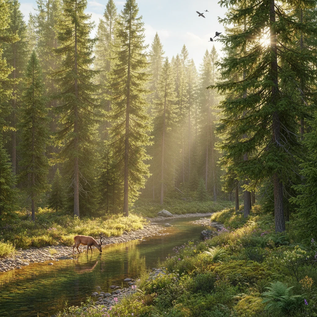 A photorealistic hero image depicting a serene Russian forest landscape with diverse wildlife, such as bears and birds, under a clear sky, symbolizing environmental protection and nature conservation in Russia.