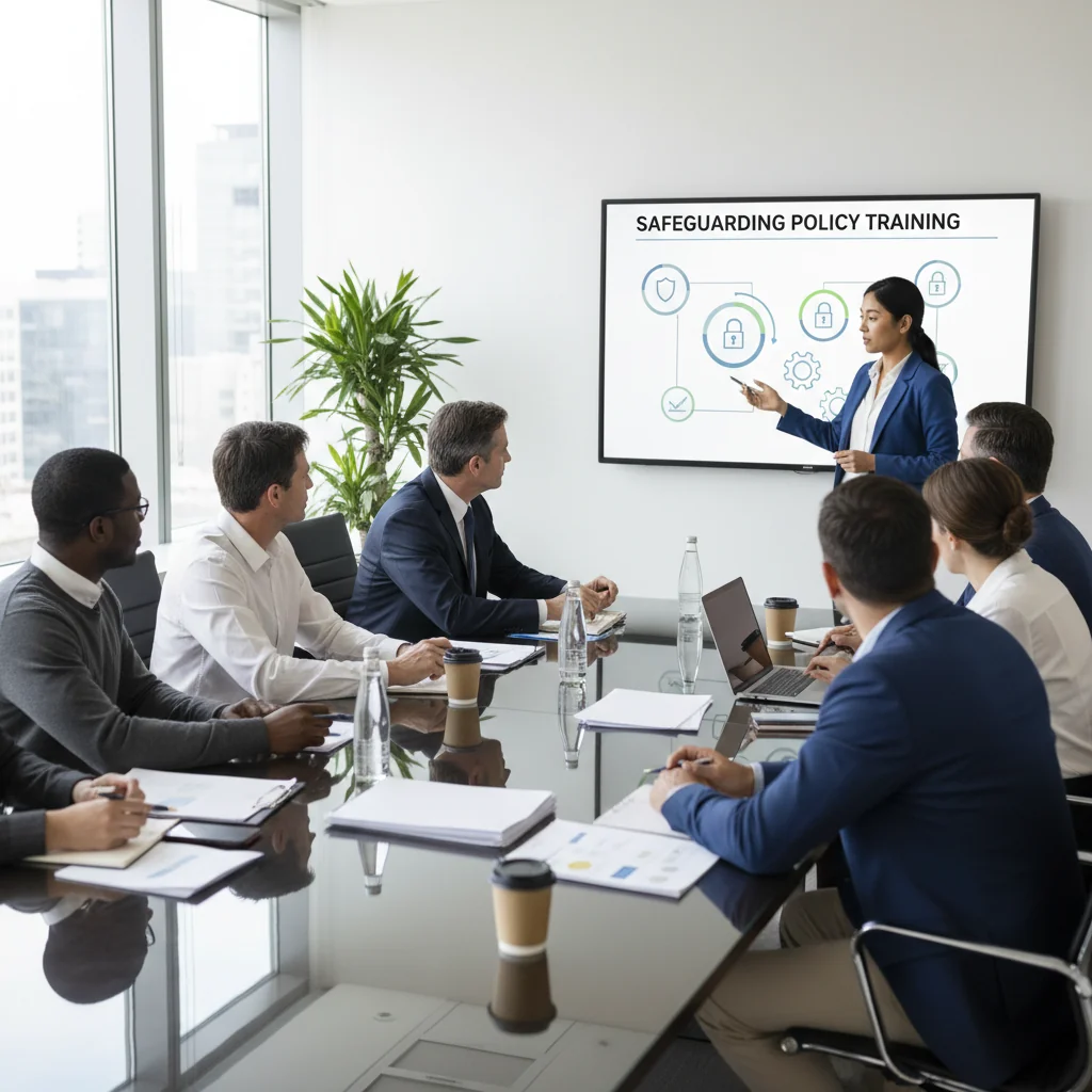 A photorealistic image of a diverse group of professionals in a modern office setting, engaged in a safeguarding training session, symbolizing the implementation of effective protection policies in US organizations. The scene shows adults discussing and reviewing guidelines on a whiteboard, emphasizing safety and compliance without any focus on legal documents or children.