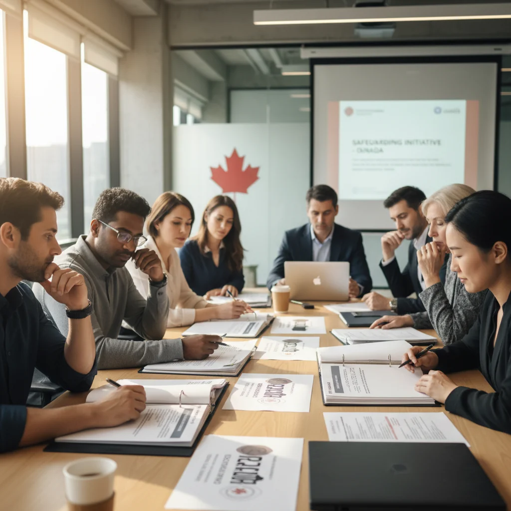 A photorealistic image of a diverse group of adults in a professional Canadian setting, such as a modern conference room with a maple leaf flag in the background, engaged in a safeguarding training session. They are discussing compliance documents on a table, looking attentive and collaborative, symbolizing best practices in implementing safeguarding policies without any focus on legal papers themselves. No children are present in the image.