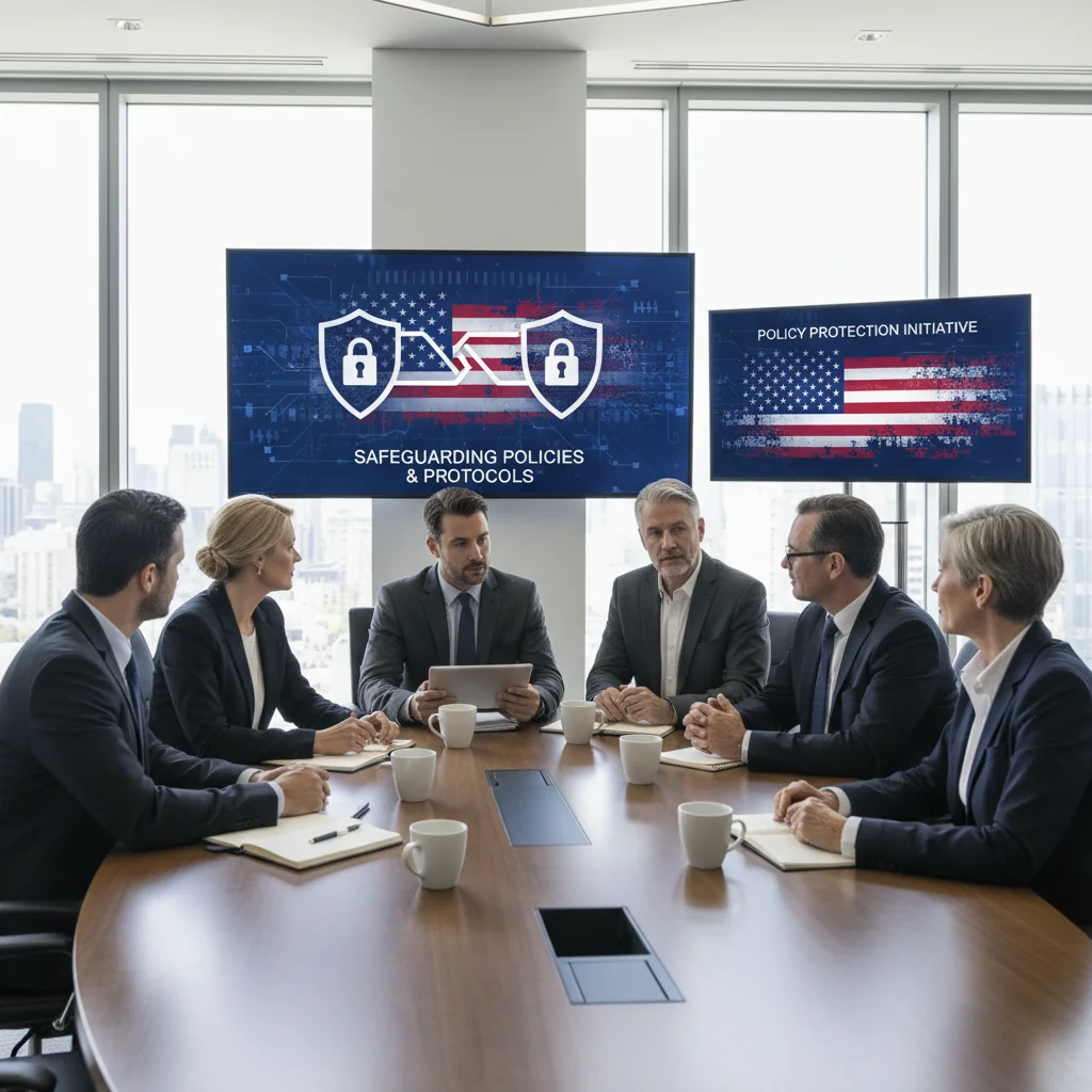 A photorealistic image symbolizing the key components of a comprehensive US safeguarding policy, depicting a diverse group of adults in a professional setting, such as security experts reviewing protective strategies around a conference table with American flags and digital screens showing policy icons like shields and locks, emphasizing safety and protection without any focus on legal documents or children.