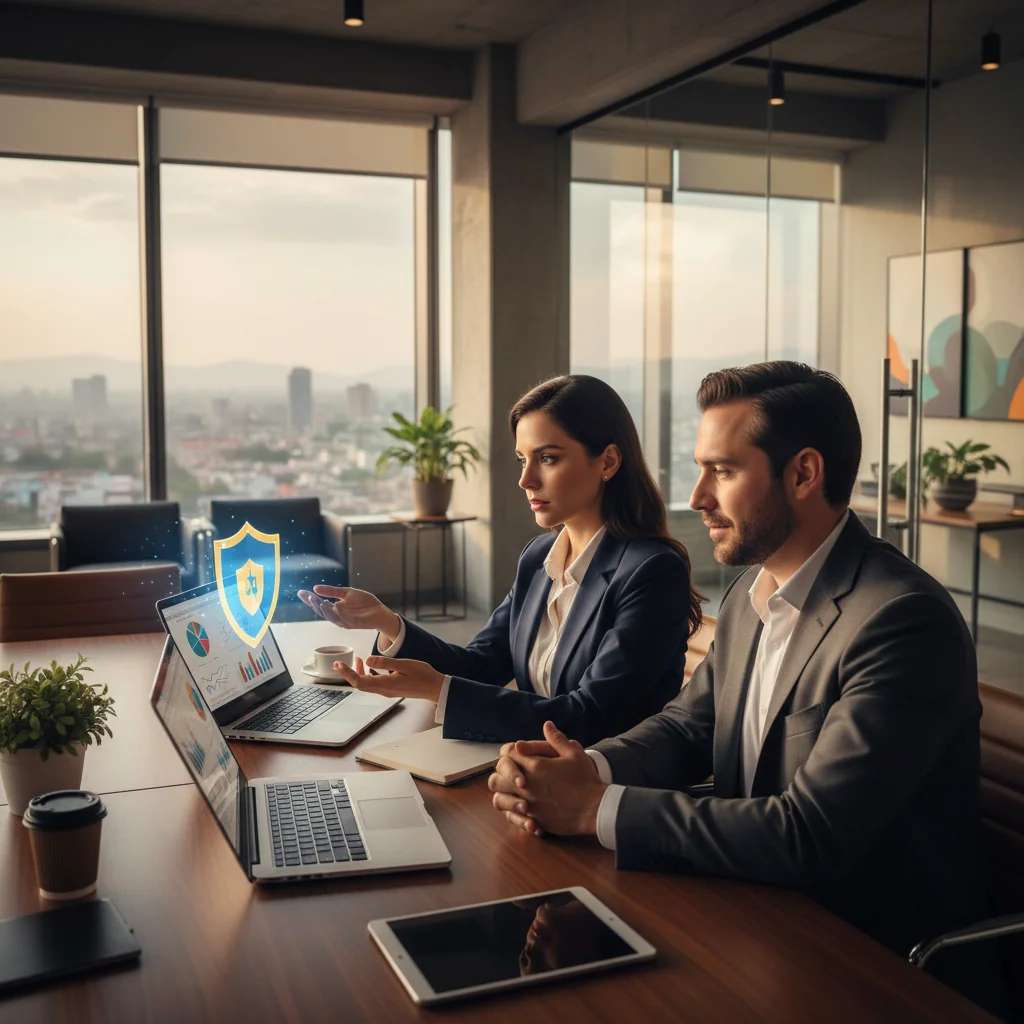 A photorealistic image symbolizing data privacy and protection in Mexico, featuring a diverse group of adults in a modern office setting in Mexico City, with subtle elements like locked digital icons or shields over computer screens, evoking security and compliance without focusing on documents.