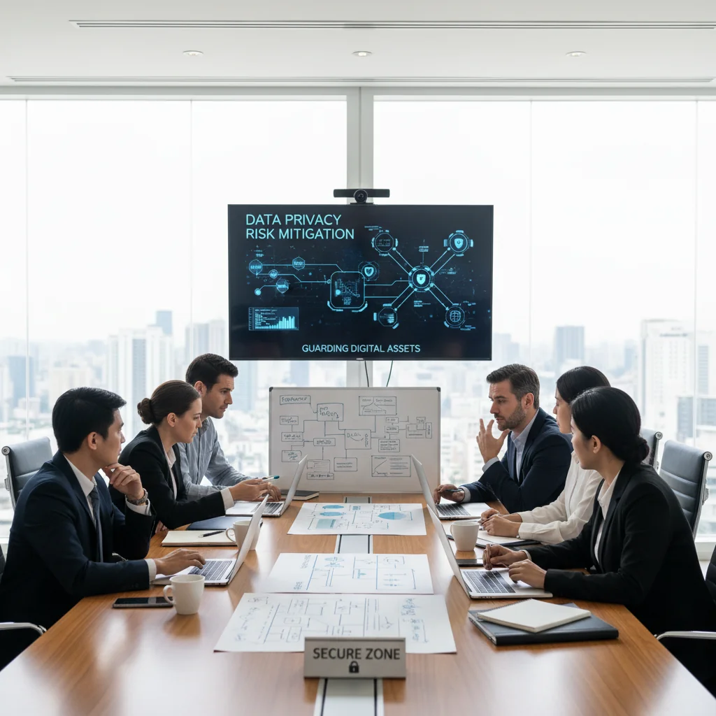 A photorealistic image of a diverse group of adults in a modern office setting, collaboratively reviewing and discussing a data protection policy document on a large screen, symbolizing the implementation of protective guidelines and avoiding common mistakes in compliance.