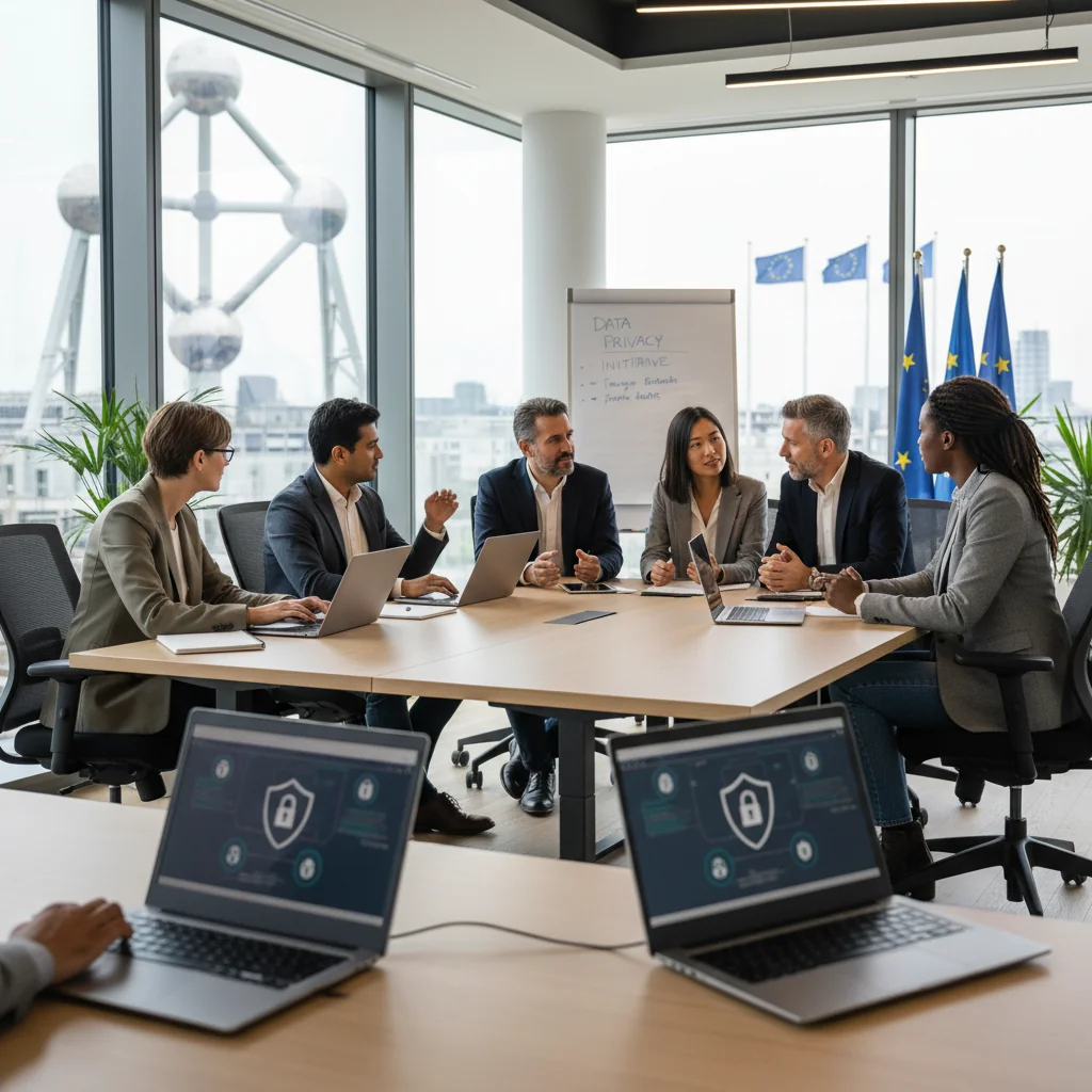 A photorealistic image depicting professionals in a modern Belgian office setting, collaborating on implementing data protection policies. Show adults in business attire reviewing digital security measures on computers, with subtle Belgian elements like a flag or Brussels architecture in the background, emphasizing safety and efficiency without any legal documents visible.