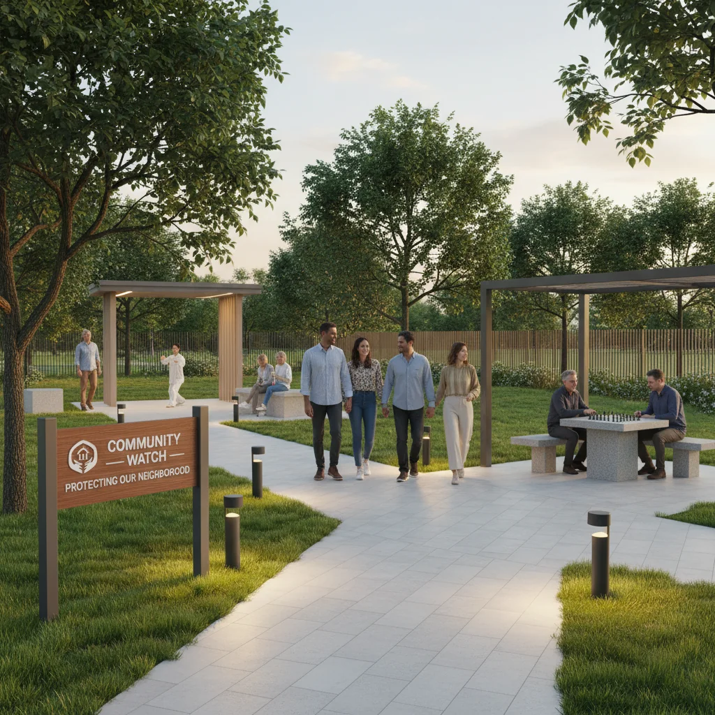 A photorealistic hero image representing the benefits of implementing a policy for protection and safeguarding, showing diverse adults in a secure community setting with elements of safety and protection like secure environments and supportive interactions, no children depicted.