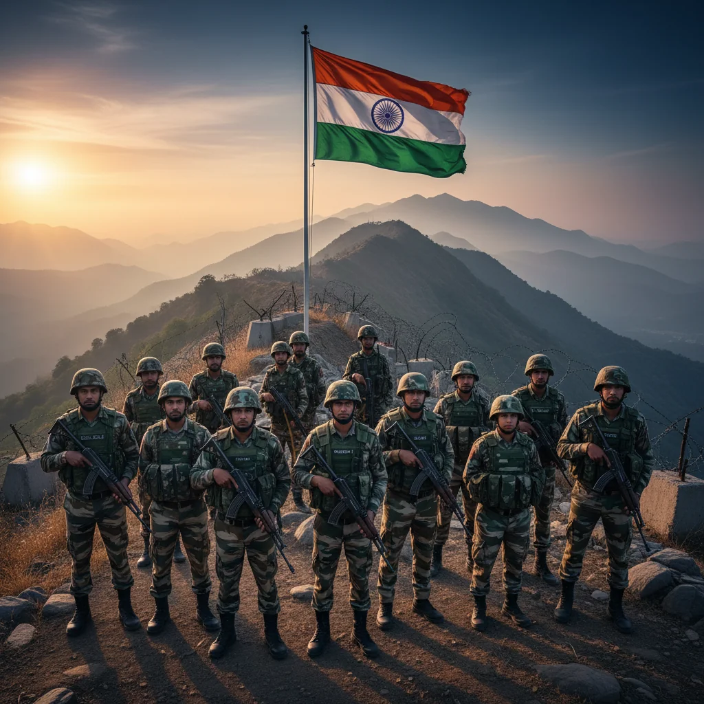 A photorealistic hero image depicting the essence of India's security policy, showing a diverse group of adult Indian military personnel and security forces standing vigilantly on a border landscape with the Indian flag in the background, symbolizing national defense and vigilance.