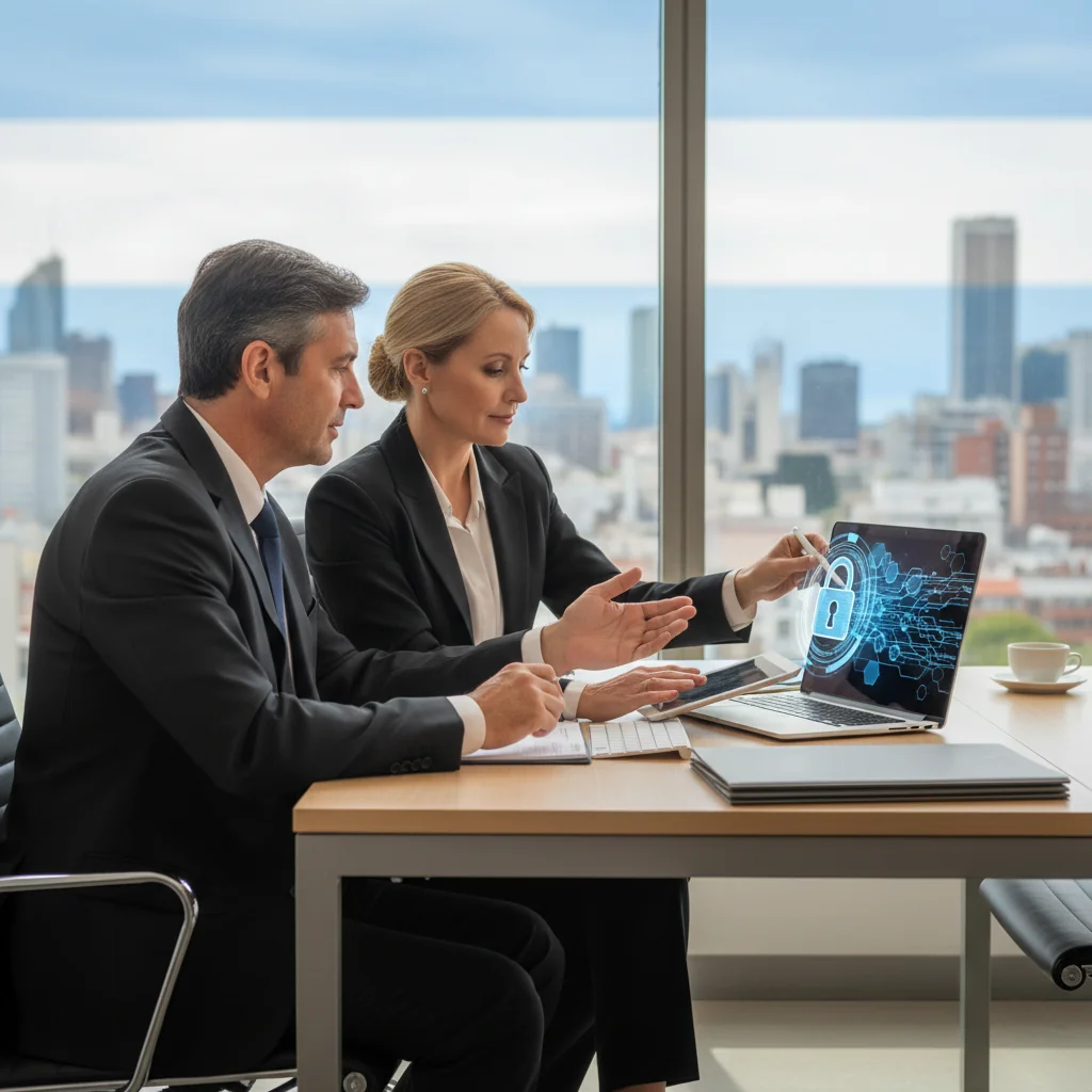 A photorealistic image symbolizing data privacy protection in Argentina, featuring a diverse group of adults in a modern office setting, with one person securely locking a digital file on a computer screen, surrounded by subtle Argentine flag elements in the background, conveying security and trust without showing any legal documents.