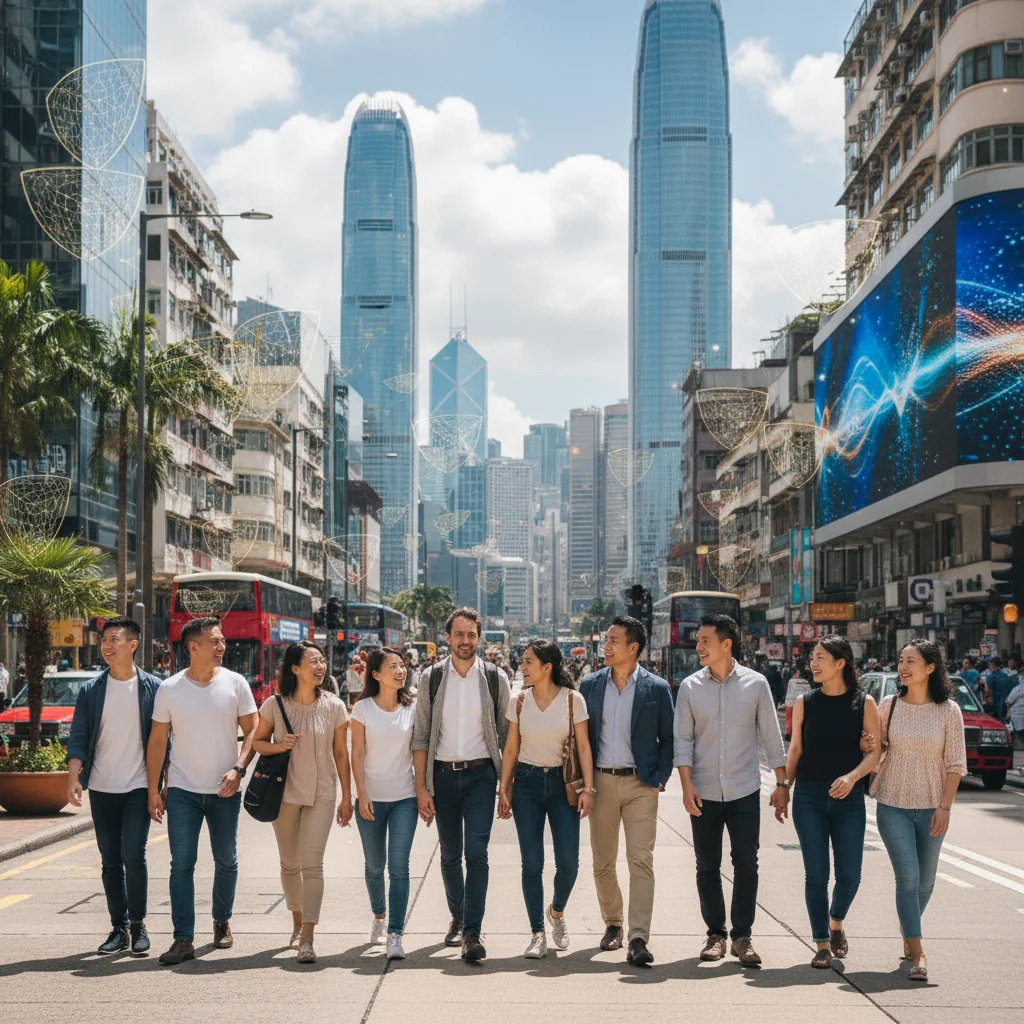 A photorealistic image representing the assurance and protection in Hong Kong's updated policies for 2023, showing a diverse group of adults in a modern urban setting, symbolizing security and support in daily life, with elements like a city skyline and people looking confident and protected.