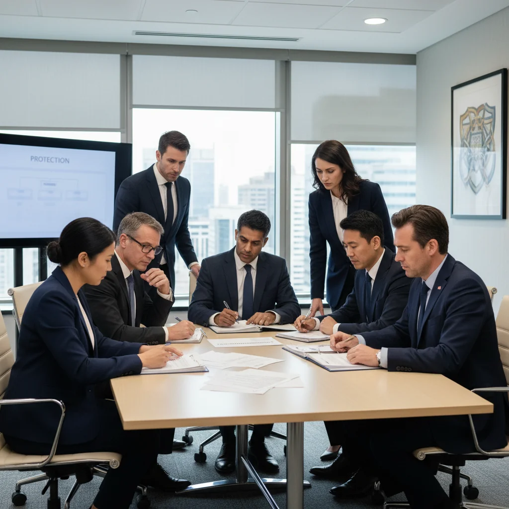 A photorealistic image depicting diverse professionals in a professional setting, such as a meeting room or office, engaged in a discussion about safeguarding policies, symbolizing protection and safety in the workplace. The scene includes adults only, with no children present, emphasizing a secure and collaborative environment.