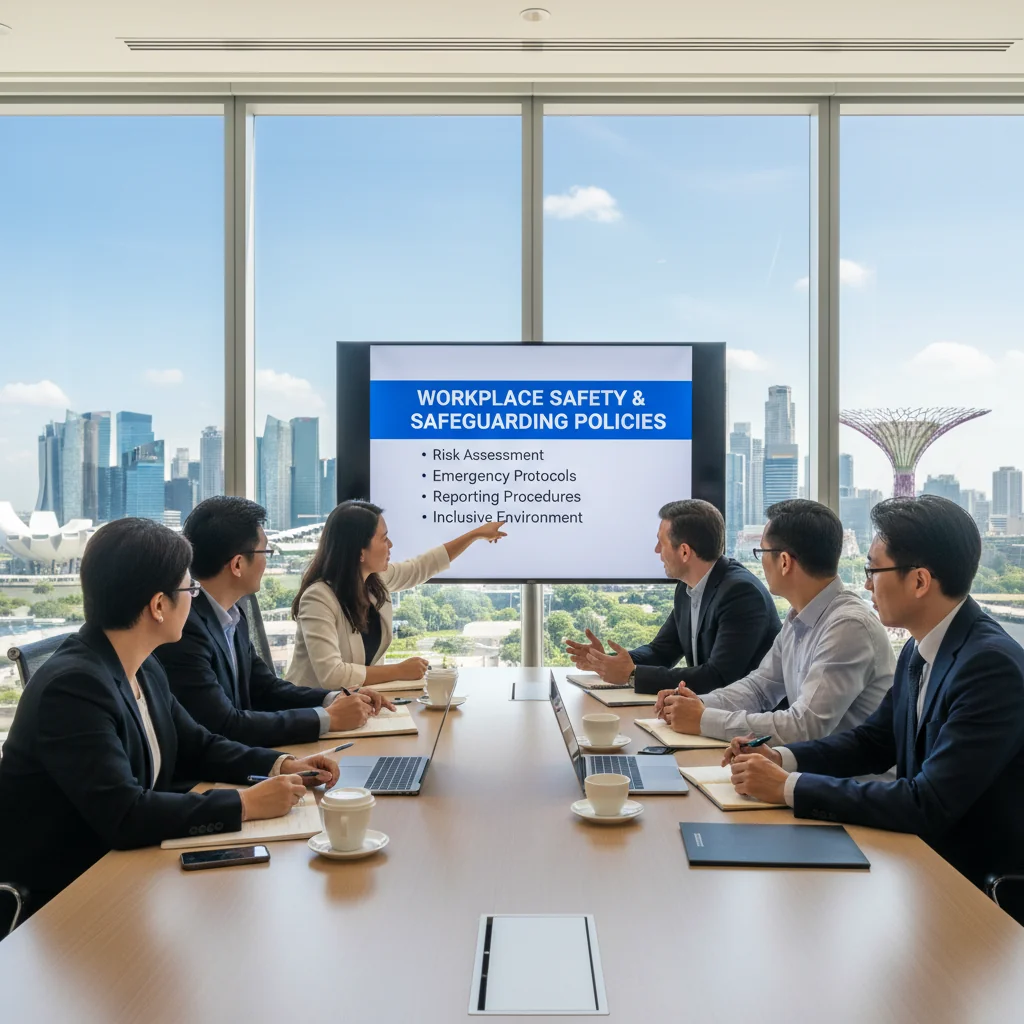 A photorealistic image of a diverse group of professional adults in a modern Singapore office setting, engaged in a safeguarding training session, symbolizing the implementation of effective workplace policies for safety and protection.