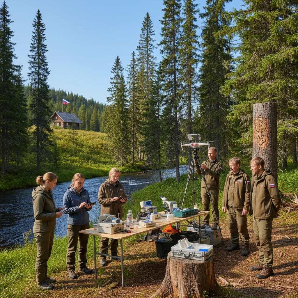 A photorealistic image depicting the role of federal policy in protecting the ecology of Russian regions, showing a diverse group of adult environmental scientists and officials in a lush Siberian forest, monitoring air and water quality with modern equipment, symbolizing sustainable conservation efforts under government guidance, with elements like Russian flags and natural landscapes in the background, no children present.