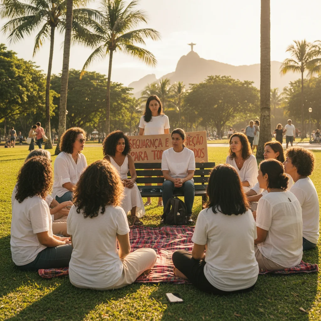A photorealistic image representing protection and safeguarding policies in Brazil, showing a diverse group of adults in a community setting, such as a public park in a Brazilian city, engaging in supportive discussions or awareness activities, with Brazilian landmarks in the background, symbolizing safety and community welfare without focusing on any legal documents.