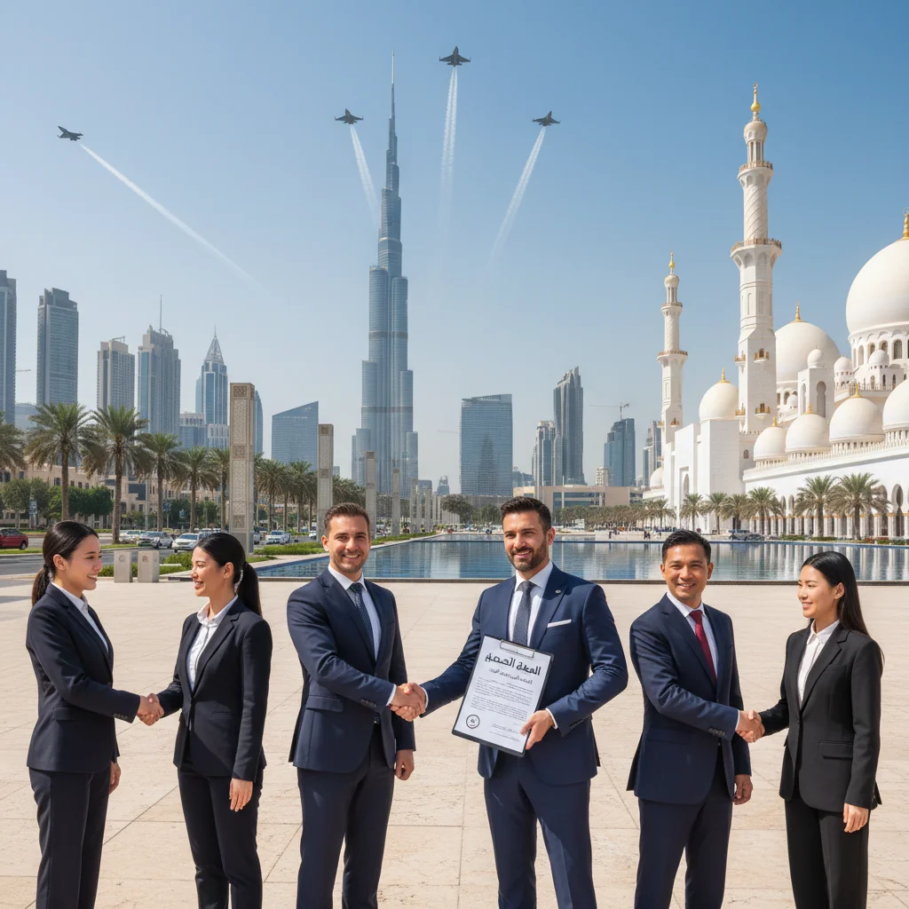 A photorealistic image symbolizing protection and security policies in the UAE, featuring modern UAE architecture like the Burj Khalifa under a clear blue sky, with subtle elements of safety such as a diverse group of adult professionals shaking hands in a business setting, evoking trust and national protection without focusing on documents.