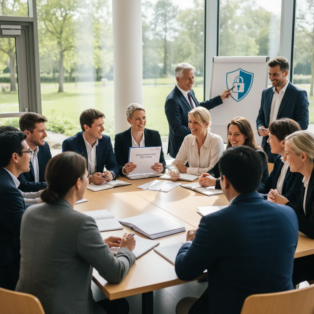 A photorealistic image symbolizing child protection and safeguarding, featuring a diverse group of caring adults such as teachers, social workers, and community members in a safe, welcoming environment like a park or community center, discussing and collaborating on protective measures, with warm lighting and a sense of security and unity, emphasizing the importance of policies without showing any children.