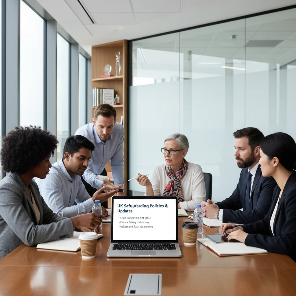 A photorealistic image depicting a diverse group of professionals, such as social workers and educators, in a modern office setting, collaboratively reviewing safeguarding guidelines on a computer screen, symbolizing protection and safety in a professional context without showing any children.