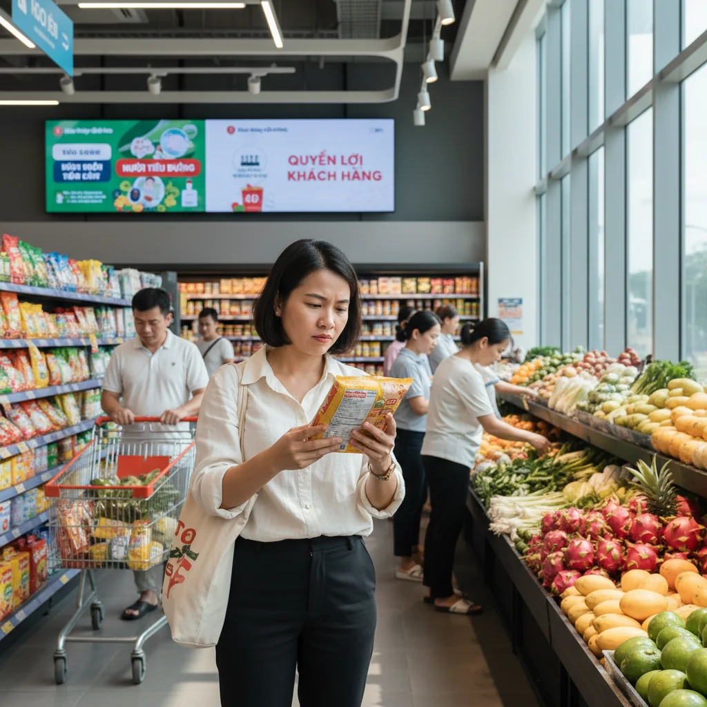 A photorealistic image depicting an adult Vietnamese consumer confidently examining a product label in a modern supermarket, symbolizing awareness and protection under consumer rights policies, with diverse adult shoppers in the background, no children present.