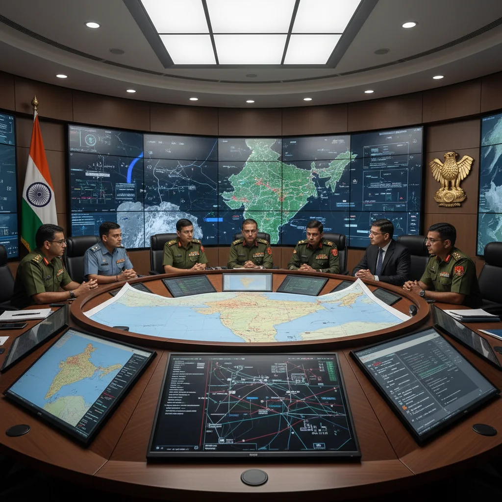 A photorealistic image symbolizing the impact of security policy on India's national security, featuring a diverse group of Indian military personnel and security experts in a modern command center, reviewing strategic maps and digital screens with Indian national symbols in the background, conveying strength and vigilance.