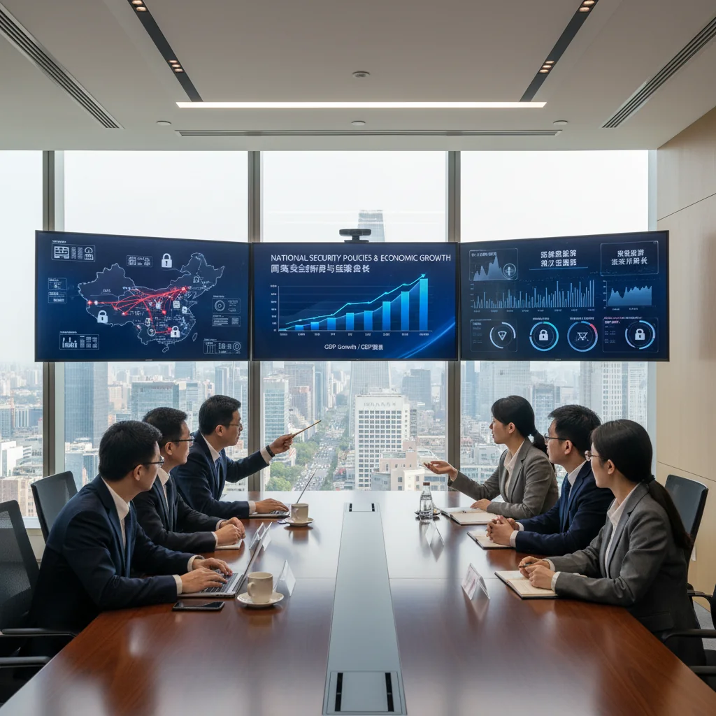A photorealistic image depicting the impact of security policies on China's economy, showing a diverse group of adult professionals in a modern Chinese business setting, analyzing economic data on screens with charts indicating growth and security elements like digital shields, symbolizing protection and economic stability. No children are present.