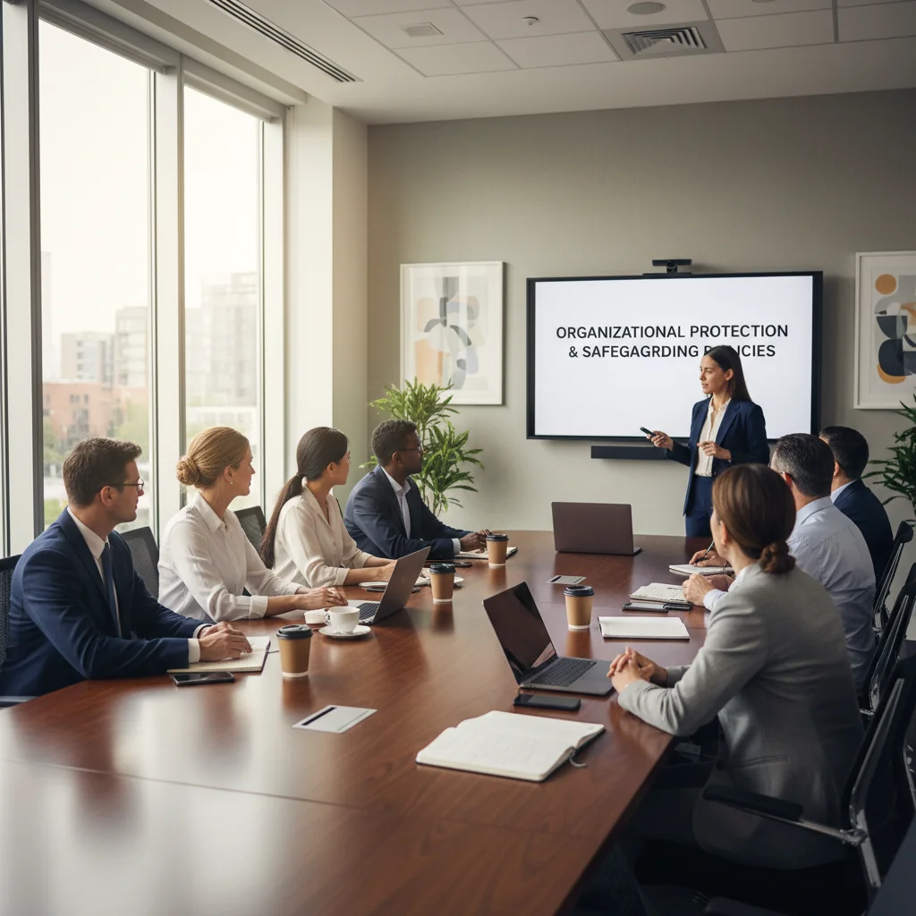 A photorealistic image depicting a diverse group of adults in a professional organization setting, engaged in a safeguarding and protection training session. They are sitting around a conference table, discussing with focused expressions, surrounded by subtle symbols of security like locked folders and awareness posters, emphasizing protection policies without any legal documents visible. No children are present in the scene.