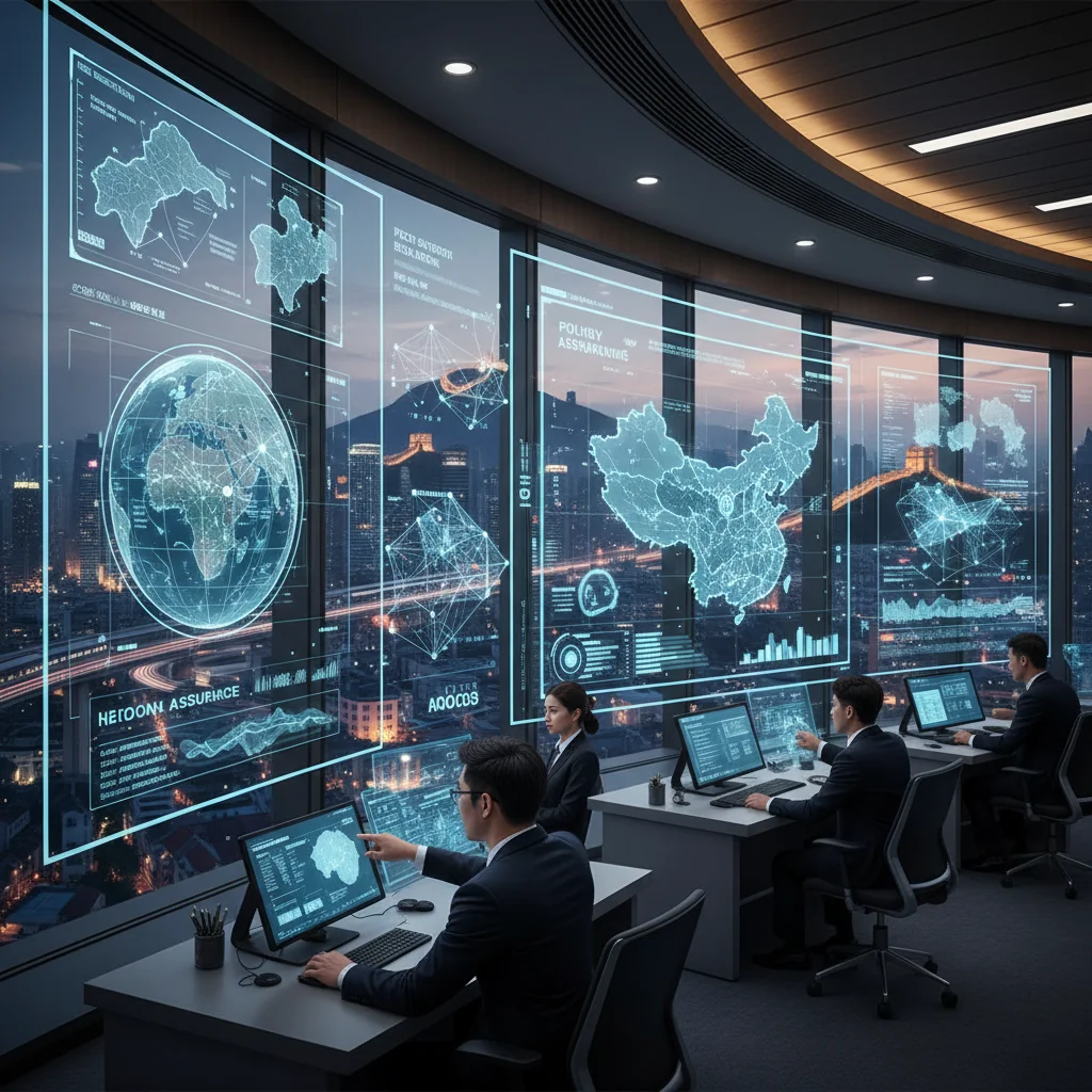 A photorealistic image symbolizing the evolution and future outlook of China's national security assurance policies in the new era, featuring a diverse group of adult Chinese professionals in a modern high-tech control room overlooking a secure cityscape at dusk, with elements of advanced technology like holographic displays showing maps and data analytics, evoking stability, innovation, and forward-looking protection, no children present.