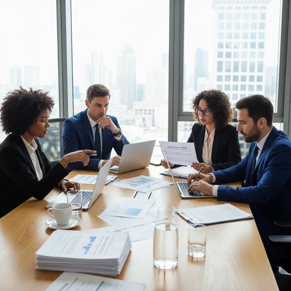 A photorealistic image representing policy updates and safeguarding measures in a professional setting, such as a diverse group of adults in a modern office discussing and reviewing important documents on a table, symbolizing protection and normative compliance in organizational policy.