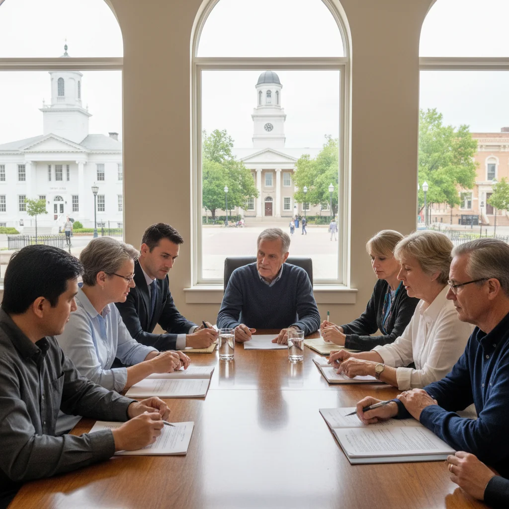 A photorealistic image of a diverse group of adults in a modern town hall meeting room, engaged in a collaborative discussion about community safety policies, with a welcoming municipal building in the background, symbolizing the implementation of protective measures in a local community. No children are present in the image.