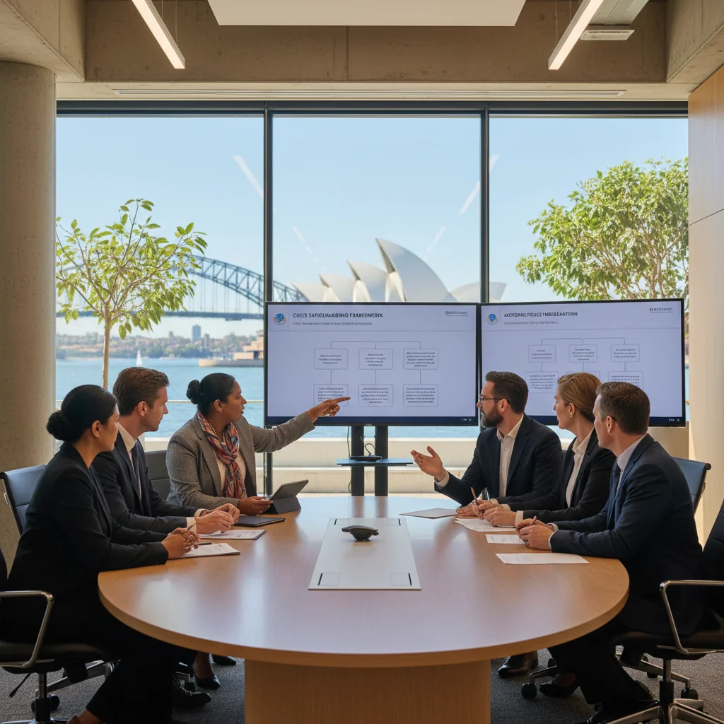 A photorealistic image depicting a safe and nurturing environment in Australia focused on child protection policies, such as a diverse group of Australian professionals like educators, social workers, and policymakers collaborating in a modern office setting with Australian landmarks in the background, symbolizing commitment to safeguarding children without showing any children directly.